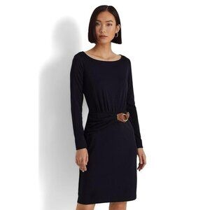 145$ Lauren Ralph Lauren Buckle Trim Stretch Mini Sheath Dress Size 0 Navy Blue